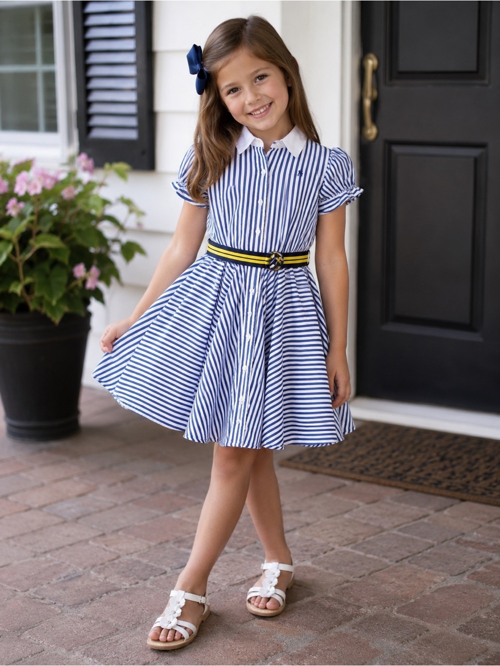 Polo by Ralph Lauren Navy & White Striped Shirt Dress with Yellow Belt